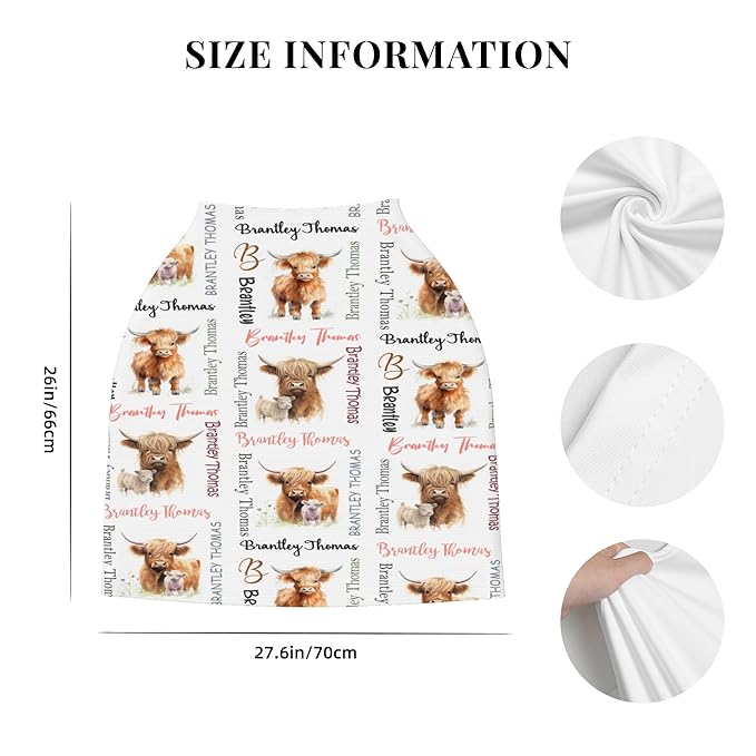 Personalized Car Seat Covers with Name, Highland Cow Baby Canopy Carrier Cover, Breathable Breastfeeding Nursing Cover, Stretchy Multi-Use Infant Carseat Stroller Cover