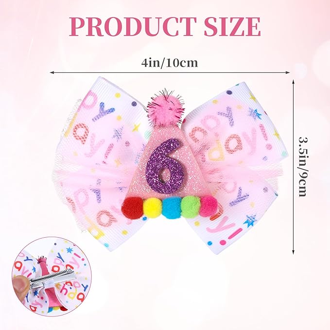 2Pcs Birthday Hair Bow for Baby Girls 1 2 3 4 5 6 Years, Pink Confetti Ice Cream Party Decorations, Sparkling Bows Hair Accessories for 6th Birthday