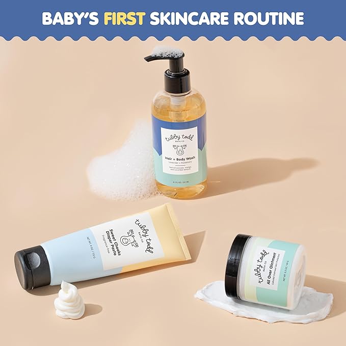 TUBBY TODD Baby Bundle Newborn Skin Care Set - Hypoallergenic Hair + Body Wash, All Over Ointment with Colloidal Oatmeal, Sweet Cheeks Diaper Paste - Lavender Rosemary, Standard Size