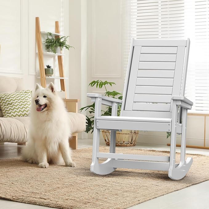 GREENVINES Outdoor Rocking Chairs | Set of 2 | Porch Rocker | HDPE Plastic | White | Oversized Rockers | High Back | Big & Tall | Ladder Back | for Patio Outside Backyard Balcony Garden