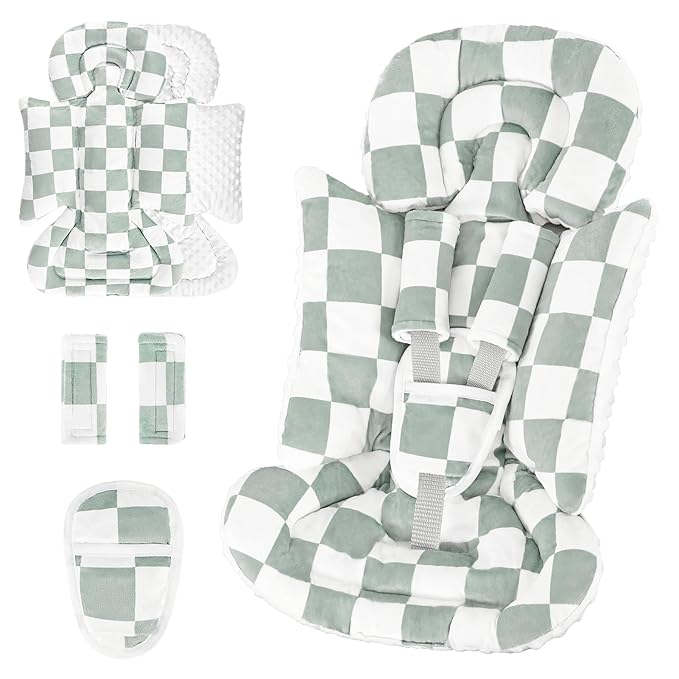 DILIMI Infant Car Seat Insert, Baby Car Seat Head Support with 3 Strap Paddings, Soft Newborn Car Seat Cushion for Stroller, Swing, Bouncers, Green Checkered