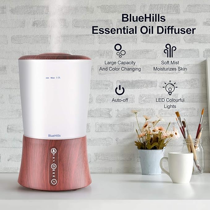 BlueHills Premium Set of Two Large 2000 ML XL Essential Oil Diffusers Humidifier Combo for Large Room Home with Décor LED Lights Great Gift – Value Pack of Dark Wood Grain.
