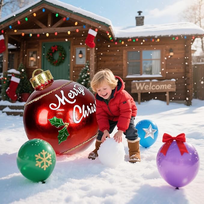 32 Inch Giant PVC Christmas Decorated Ball Inflatable Outdoor Holiday Yard Decorations Yard Decorations Outdoor Decorations for Decor(1 Pcs) (red Balloon)