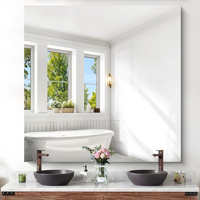 KOCUUY Large Frameless Mirror,48x48 Inch Square Bathroom Vanity Mirror for Over Sink, Upgraded Shatterproof Unframed Design for Bedroom, Living Room, Entryway