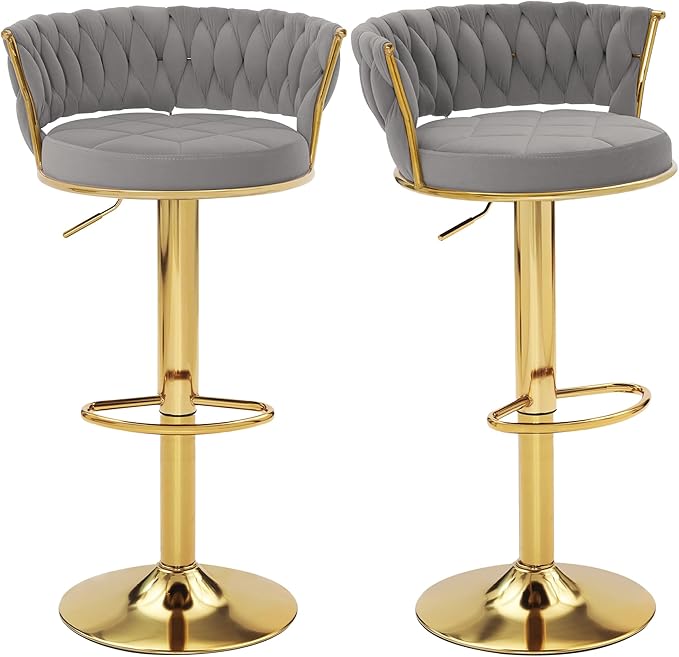 VECELO Bar Stools Set of 2, Adjustable Barstools Counter Height Stools with Back and Arm, Velvet Woven Kitchen Island Stools w/Gold Metal Leg & Base, 360° Swivel Bar Chair, Light Grey