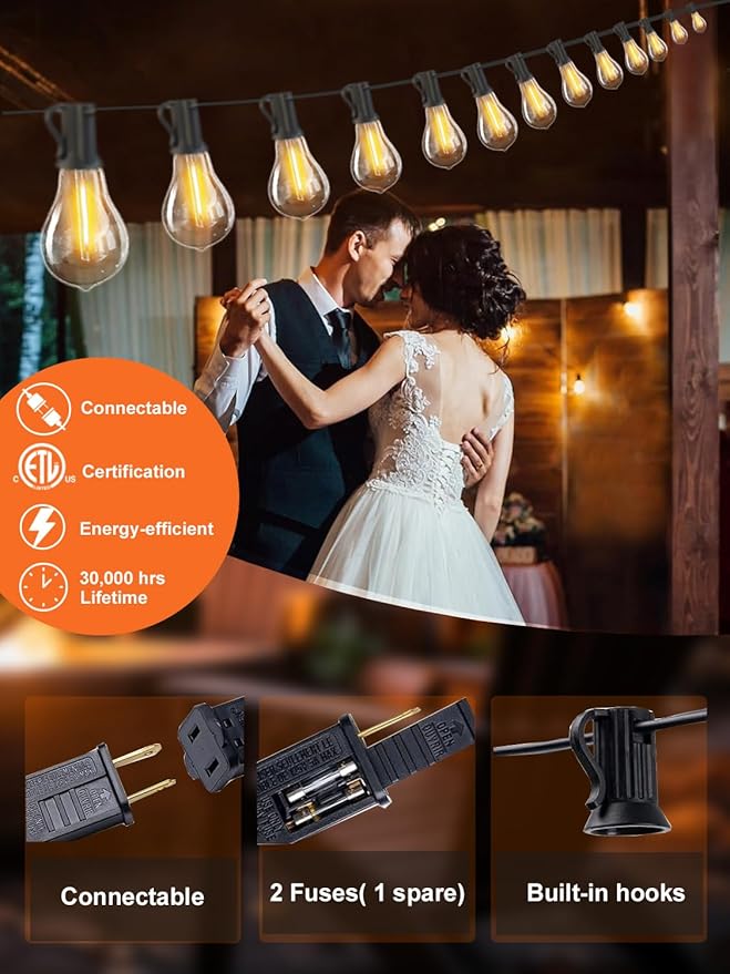 DAMAING 200FT LED Outdoor String Lights with 100+5 Shatterproof Edison LED Bulbs A39, Waterproof Commercial Grade Patio String Lights for Outside Porch Backyard Garden Deck Decor, 2200K Dimmable