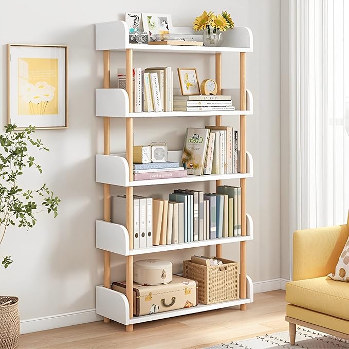 5-Tier Wooden Open Bookcase - Modern Display Bookshelf with Side Panels and Solid Wood Frame for Home and Office, Shelf Unit in Warm White