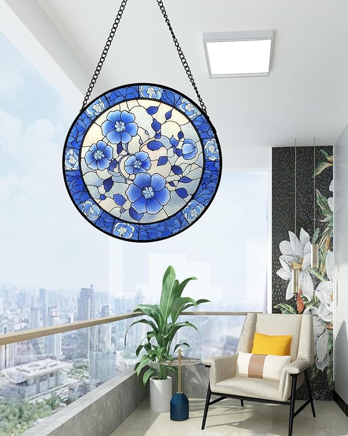 Stained Glass Window Hanging, Blue and White Plum Blossom Sun Catcher for Door Home Decor Flowers Suncatcher Christmas Mother's Day Birthday Gifts for Women Men Mom and Nana 6.3 in