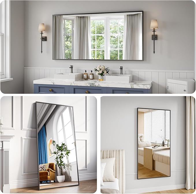 Bathroom Mirror 30x60 Black Bathroom Wall-Mounted Mirrors, Modern Vanity Mirror for Bedroom, Living Room, Aluminum Alloy Frame Allow to Hang Horizontally or Vertically