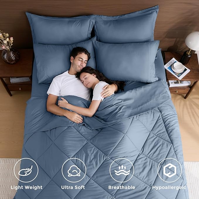 HEVUMYI Dusty Blue Full Comforter Set - 7-Piece All Season Bed in a Bag Full, Ultra Soft Bedding Set with Comforter, Flat Sheet, Fitted Sheet, Pillowcases, Pillow Shams