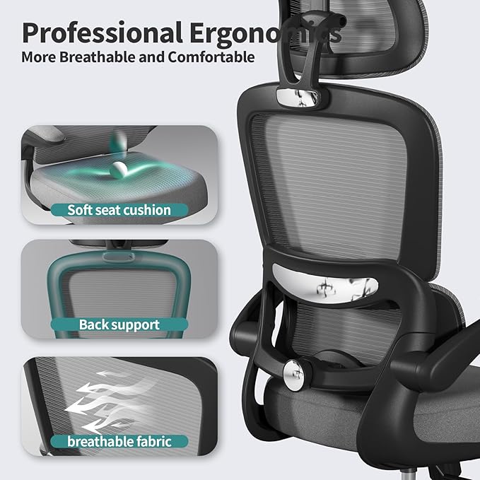 TRALT Office Chair Ergonomic Desk Chair, 330 LBS Home Mesh Office Desk Chairs with Wheels, Comfortable Gaming Chair, High Back Office Chair for Long Hours (Black Grey)