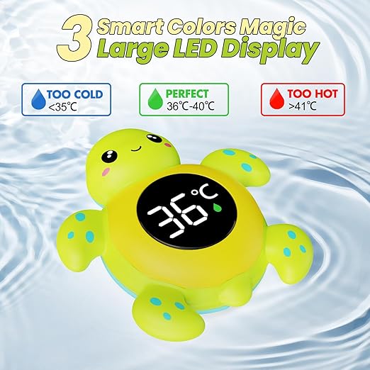 Baby Bath Thermometer Baby Safety, Digital 2-in-1 Room & Bath Water Thermometer with 3-Color Backlight & Temperature Warning, Floating Turtle Design for Infant Toddler, Auto On/Off
