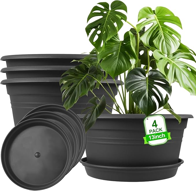 Large Flower Pots Set of 4 Pack 13 inch, Plant Pots Outdoor Planters with Drainage Hole & Tray Saucer, Decoration Plastic Pots for Plants for Indoor Outdoor Garden Home Plants Planter (Dark Gray)
