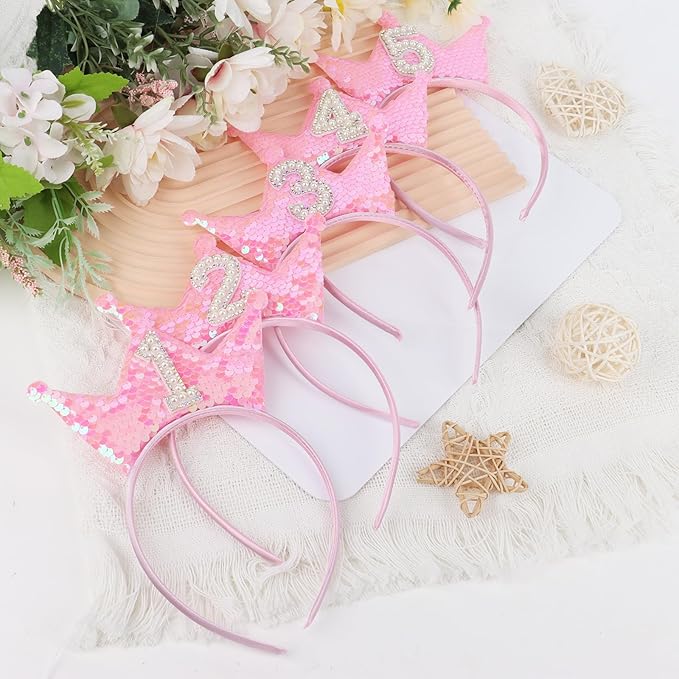 Birthday Crown Headband Pink Glitter Birthday Headbands for Girls 4 Year Old Girl Gifts 4th Birthday Decorations