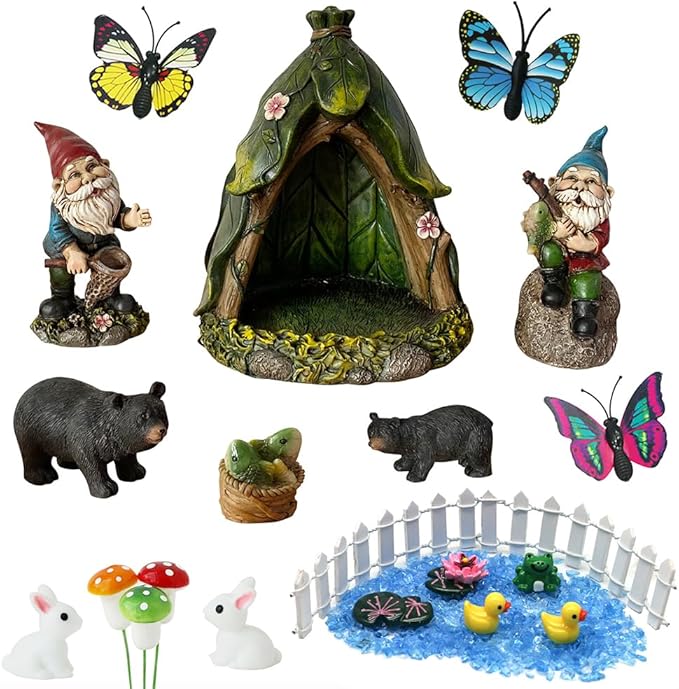 BangBangDa Outdoor Miniature Gnome Garden Kit- Fairy Houses Village Accessories Set Fishing Gnome Figurines Statue Patio Cake Topper Decor for Boy Girl Mother Girlfriend Birthday Gifts