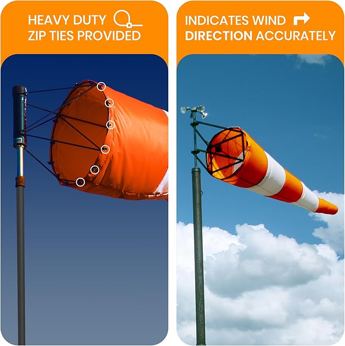 18"x48" Airport Windsock | Heavy Duty, All Weather, Waterproof, UV Fade Resistant, High Vis Fluorescent, Quad Stitched, Zip Ties Included, for Industrial, Ranch, and Agricultural Use | Orange & White