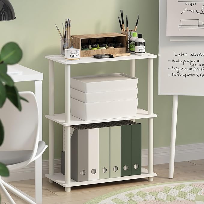 Furinno Turn-N-Tube 3-Tier Compact Multipurpose Shelf Display Rack, White/White