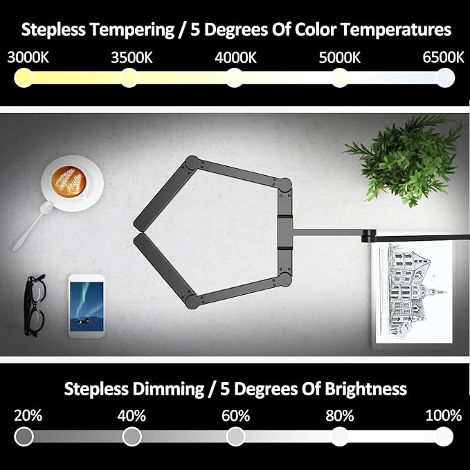 EPABINA Transformable LED Desk Lamp, 41.5" Large Architect Desk Lamp with Clamp, 3 Light Bars Desk Light for Home Office, 24W Auto Dimming Office Lighting Table Light for L Shaped Desk