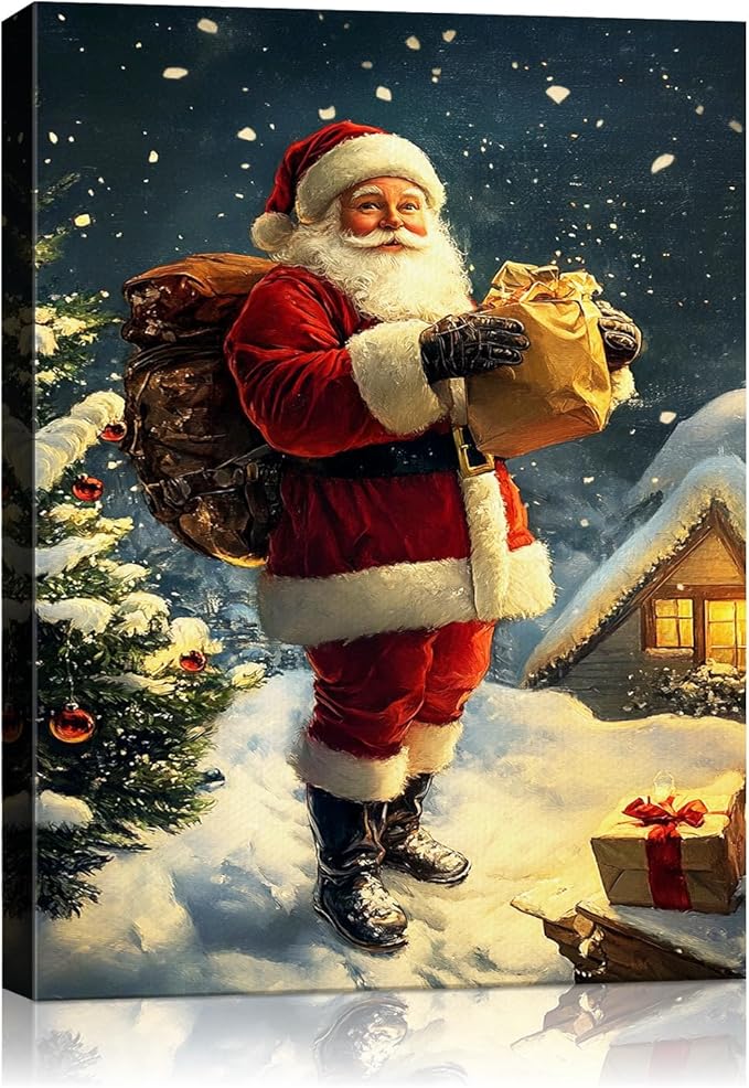 Vintage Santa Claus Christmas Canvas Wall Art - Festive Holiday Painting for Living Room,Bedroom & Bathroom, Cozy Winter Decor Framed Print, Perfect Christmas Gifts & Home Decoration