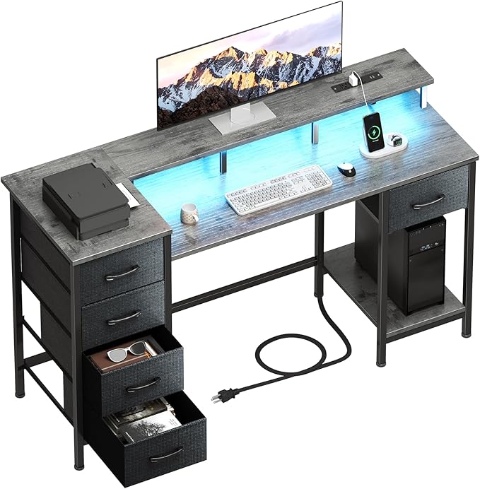 47 Inch Computer Gaming Desk with Power Outlets & LED Lights Reversible Home Office Desk with Adjustable 5 Fabric Storage Drawers for Working Writing Study, Grey