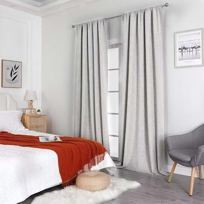 Joydeco Natural Linen Curtains 90 inch Length 2 Panels Set Burg 100% Blackout Patio Door Curtain Room Darkening Sliding Door Curtains Thermal Insulated Back tab Rod Pocket(105x90 inch, White)