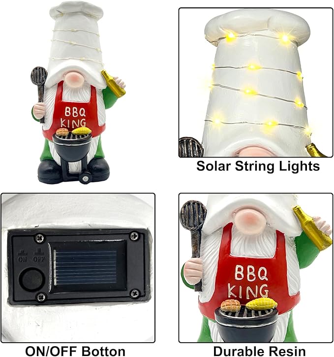 BAYN Garden Gnome Statues Outdoor Decor, Solar Powered Outdoor Gnome with BBQ Grill Decorative Yard Garden Lights Art Gifts with 11 Warm White LEDs
