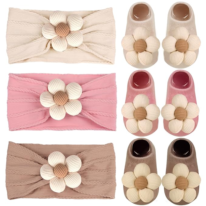 MIUXUESO Baby Girls Headbands and Socks Newborn Flower Hairbands Non-Slip Grips Socks Nylon Hair Accessories Infants and Toddlers (Beige, 6-12 Months)