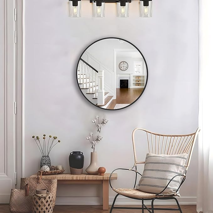 Circle Mirror, Black Round Mirror 20 Inch Round Bathroom Mirror Small Round Mirrors for Wall Decor Frosted Metal Frame Anti-Rust Tempered Glass Mirror for Bedroom Living Room Decorative