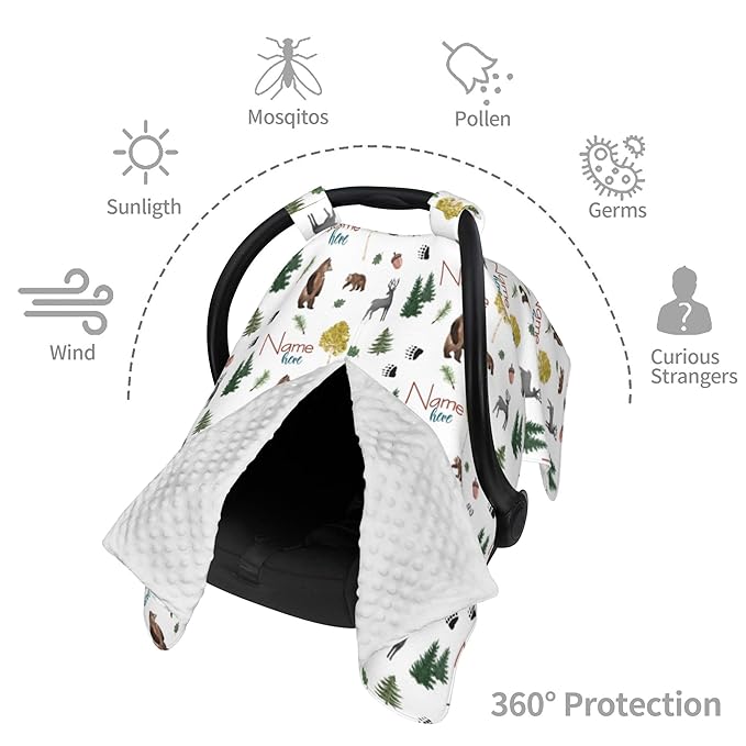Personalized Car Seat Covers for Babies Custom Name Car Seat Canopy for Newborn Baby Boys Girls Mom Nursing Breastfeeding Covers Bear Deer Minky Baby Carrier Covers with Peekaboo Opening