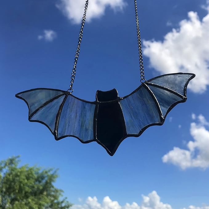 Raven on Moon Stained Glass Window Hangings,Crow Suncatcher Halloween Decorations, Handmade Raven Birds Sun Catchers Indoor Window Gothic Home Decor (Bat C)