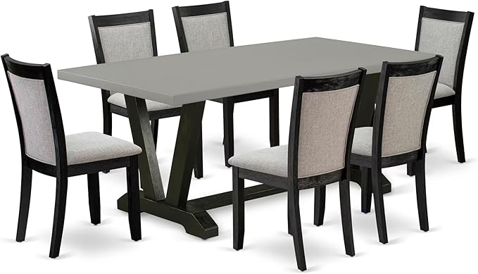 East West Furniture V697MZ606-7 7 Piece Dining Room Furniture Set Consist of a Rectangle Dining Table with V-Legs and 6 Shitake Linen Fabric Upholstered Chairs, 40x72 Inch, Multi-Color
