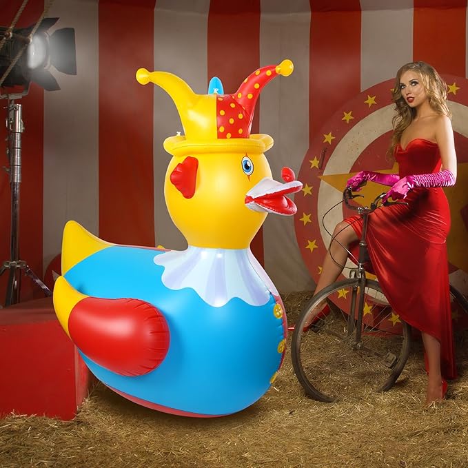 1Pcs 4.6 Feet Giant Inflatable Duck Outdoor Decorations,Huge Blow Up Yard Yellow Duck with Red Blue Clown Cloth Duck Pool Float for Summer Beach Pool Carnival Birthday Party Garden Decor