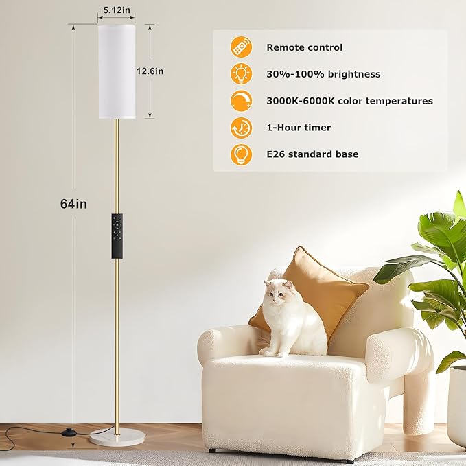 Ambimall 64'' Floor Lamps for Living Room with Remote Control and Stepless Dimmable Colors Temperature & Brightness, Gold Standing Lamp with White Marble Base