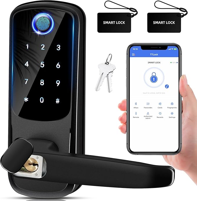 Smart Door Lock with Handle, Keyless Entry Digital Lock for Front/Interior Door,Fingerprint Exterior Locks, Electronic Deadbolt with Keypad,Biometric Door Knob,Smart Locks for Home, Apartment, Office