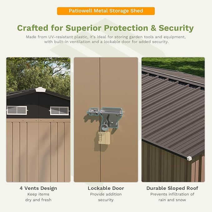 Patiowell 10 x 12 FT Metal Storage Shed for Outdoor with Floor Frame, Steel Yard Shed with Design of Lockable Doors, Utility and Tool Storage for Garden, Backyard, Patio, Outside use,Brown
