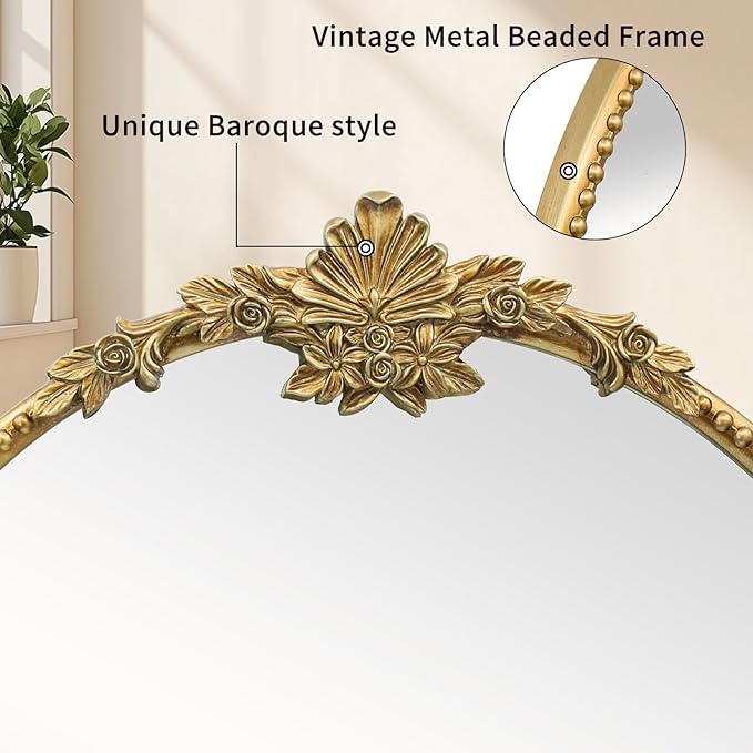 Round Gold Mirror,24inch Baroque Style Vintage Decorative Circle Wall Mirror for Living Room, Bedroom, Bathroom, and Entryway,Antique Gold