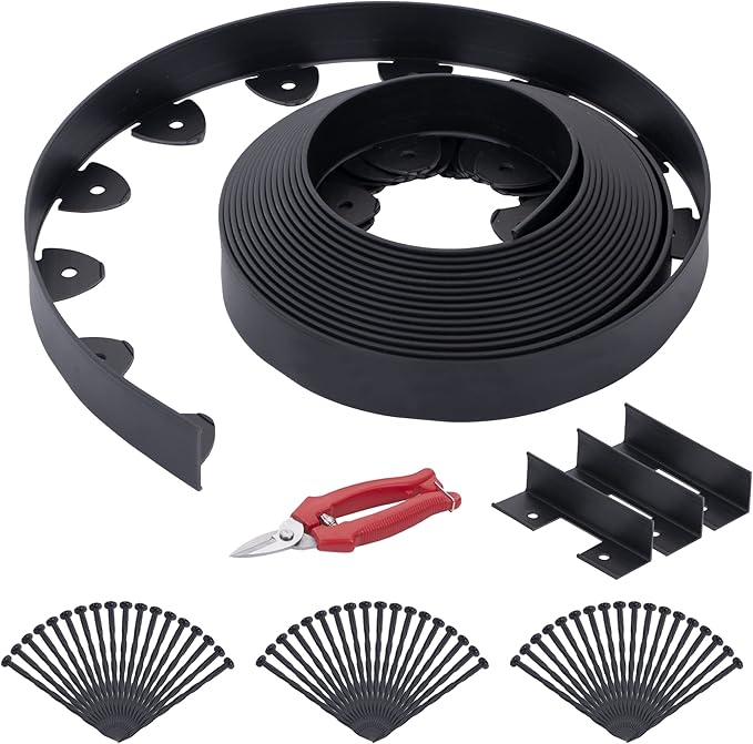 No Dig Landscape Edging Kit 60FT 2IN Tall with Scissors, Heavy Duty PP Material Garden Edging with 54 Anchoring Spikes, Edging for Landscaping, Garden, Black