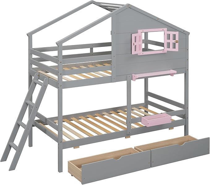Ball & Cast Twin Over Twin Size Bunk Bed with 2 Drawers and 1 Storage Box,Playhouse Wood Bunkbed w/Window & 1 Shelf,Slat Support,Space Saving,Bedroom Furniture for Student Dorms,Gray