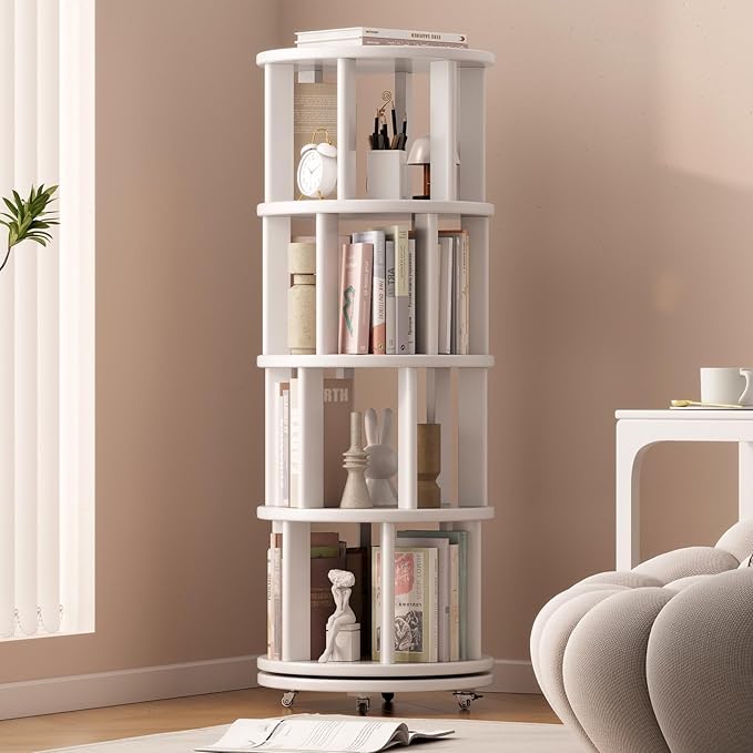 Solid Wood Rotating Bookshelf on Wheels, 4 Tier, Round Revolving Bookcase, 360° Spinning Book Shelf Tower for Kids, Narrow Rolling Bookshelves for Small Space, Corner, Bedroom, Office, White