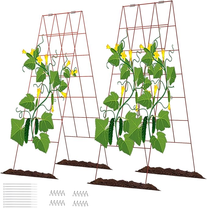 DOEWORKS Cucumber Trellis, 56" High Foldable A Frame Garden Trellis, 2 Pack, Plant Support for Climbing Cucumber, Beans, Tomatoes, Flowers, Red
