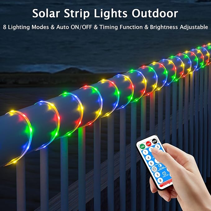 20ft Solar LED Strip Lights (Four-Color Fixed) - 336 LEDs Auto On/Off, 8 Modes with Remote Timer, Waterproof Self-Adhesive for Outdoor Decor, Patio, Poolside, Camping