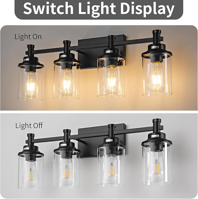 4-Light Bathroom Vanity Lights with Clear Glass Shades, Matte Black Over Mirror, Modern Wall Lamp for Mirror, Living Room, Bedroom