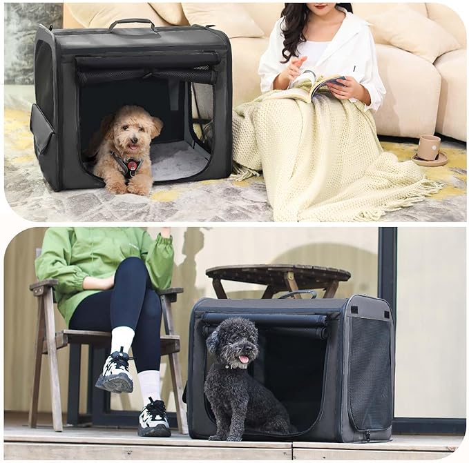 Dog Car Carrier Light Weight, 24×17.7×20.5in Dog Carrier for Cars Easy to Assemble, Dog Cars Crate Portable and Breathable, Foldable Pet Carrier for Outing, Dogs Travel Crate with Curtain Dark Gray