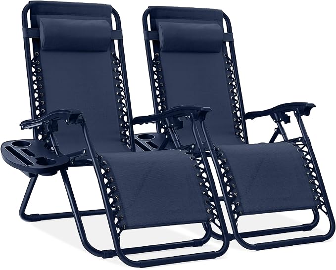 Best Choice Products Set of 2 Adjustable Steel Mesh Zero Gravity Lounge Chair Recliners w/Pillows and Cup Holder Trays - Navy