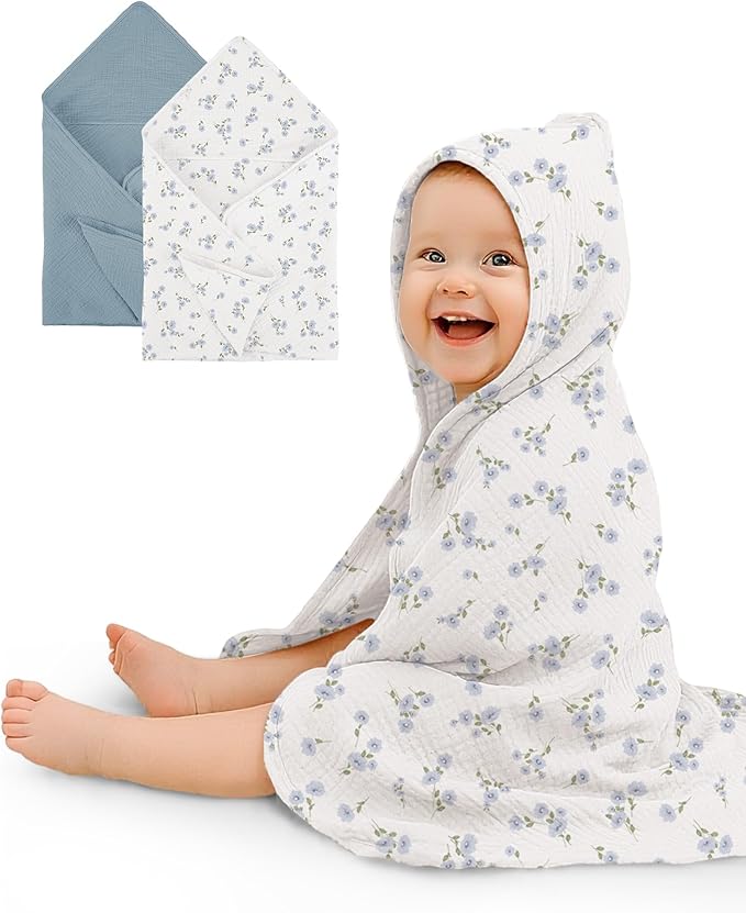 Hooded Baby Towels 2 Pack, Muslin Baby Bath Towels with Hood for Newborn Infant and Toddler, Soft Breathable & Absorbent, 32" x 32" (Bluebell Bloom & Light Blue, Heavyweight)
