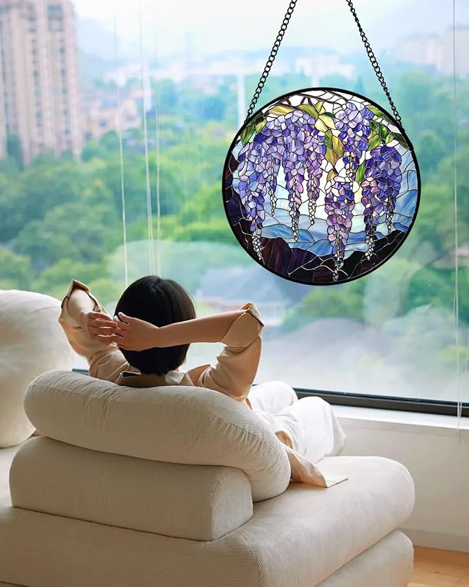 Stained Glass Window Hanging, Wisteria Flower Sun Catcher for Door Home Decor Purple and Blue Suncatcher Christmas Mother's Day Birthday Gifts for Women Men Mom and Nana 6.3 in