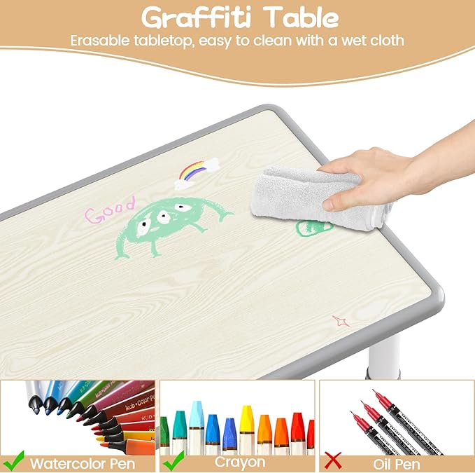 GarveeHome Kids Table and 4 Chairs Set, Height Adjustable Toddler Table and Chair Set for 4, Graffiti Desktop, Non-Slip Children Table for Home Daycare Preschool for Ages 2-8, Grey