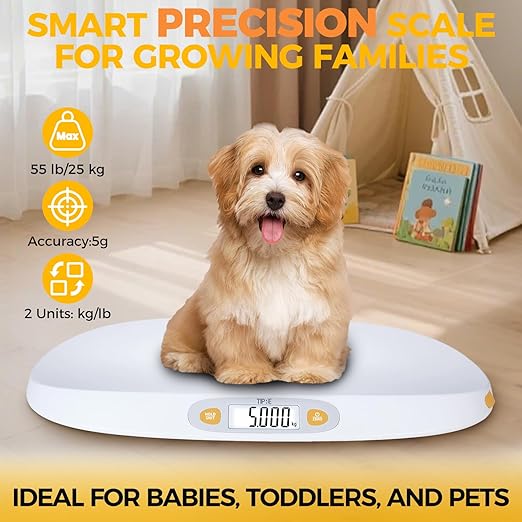 TIPRE Baby Scale for Weighing, 55 lb/0.01 lb Digital Infant Scale for Weighted Feeds with Height Measuring Tape Weight Comparison Hold Function, Pet Scale for Cats/Dogs, LCD Display, Large Platform