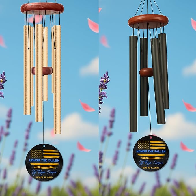 Personalized Police Memorial Wind Chime – “Honor The Fallen” Custom Flag Windchime – Engraved Name, Rank & Date – Sympathy Gift for Law Enforcement Families – Memorial Windchimes for Fallen Officers