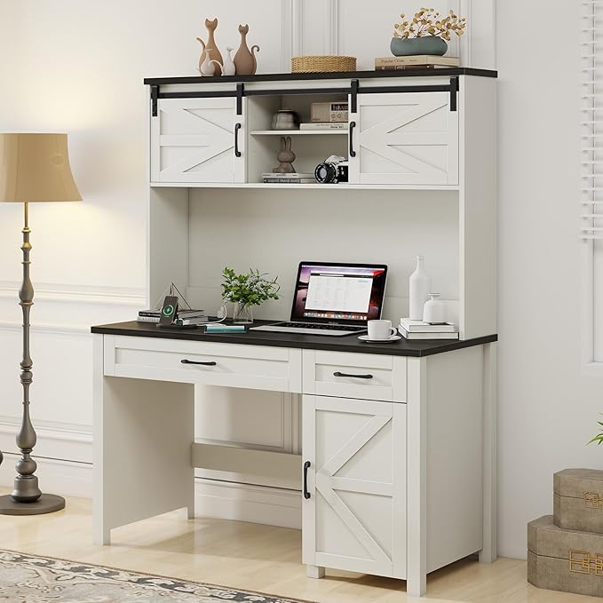 Farmhouse 47" Executive Desk, Computer Desk with Drawers and Storage Cabinet, Home Office Desks with Hutch and Charging Station, Workspace for Work & Study (Black).